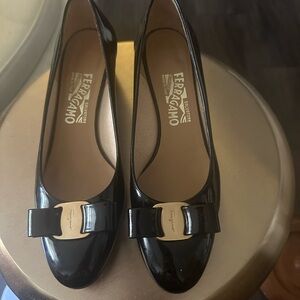 Salvatore Ferragamo Black Patent Leather Flats with Gold Accent